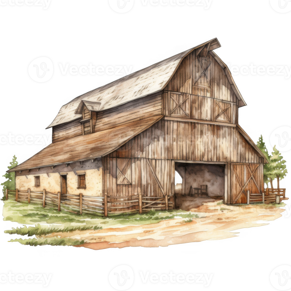 Rustic Wooden Barn with Gable Roof and Adjoining Adobe Structure png