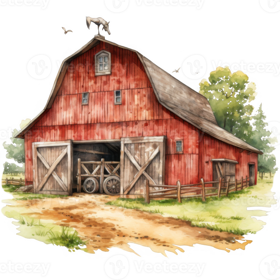 Rustic Wooden Barn with Gable Roof, Surrounded by Fence and Trees png