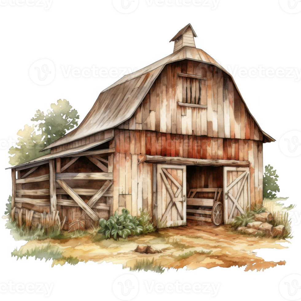 Rustic Wooden Barn with Gable Roof, Weathered Wood, and Small Weeping Tree png