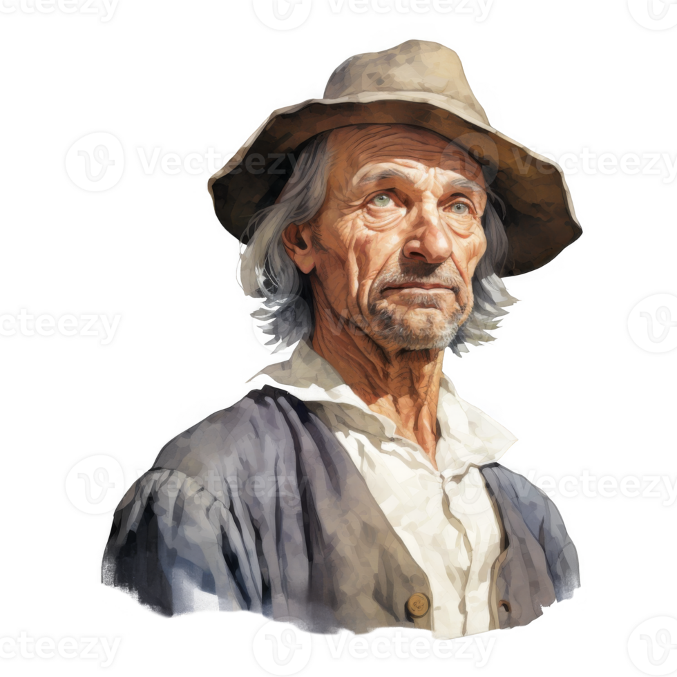 Portrait of a weathered, elderly man with long gray hair, wearing a hat and simple clothing. png