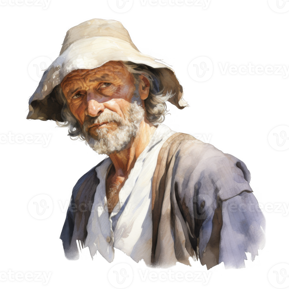 Portrait of a weathered, elderly man in a sun hat, gazing intently. png