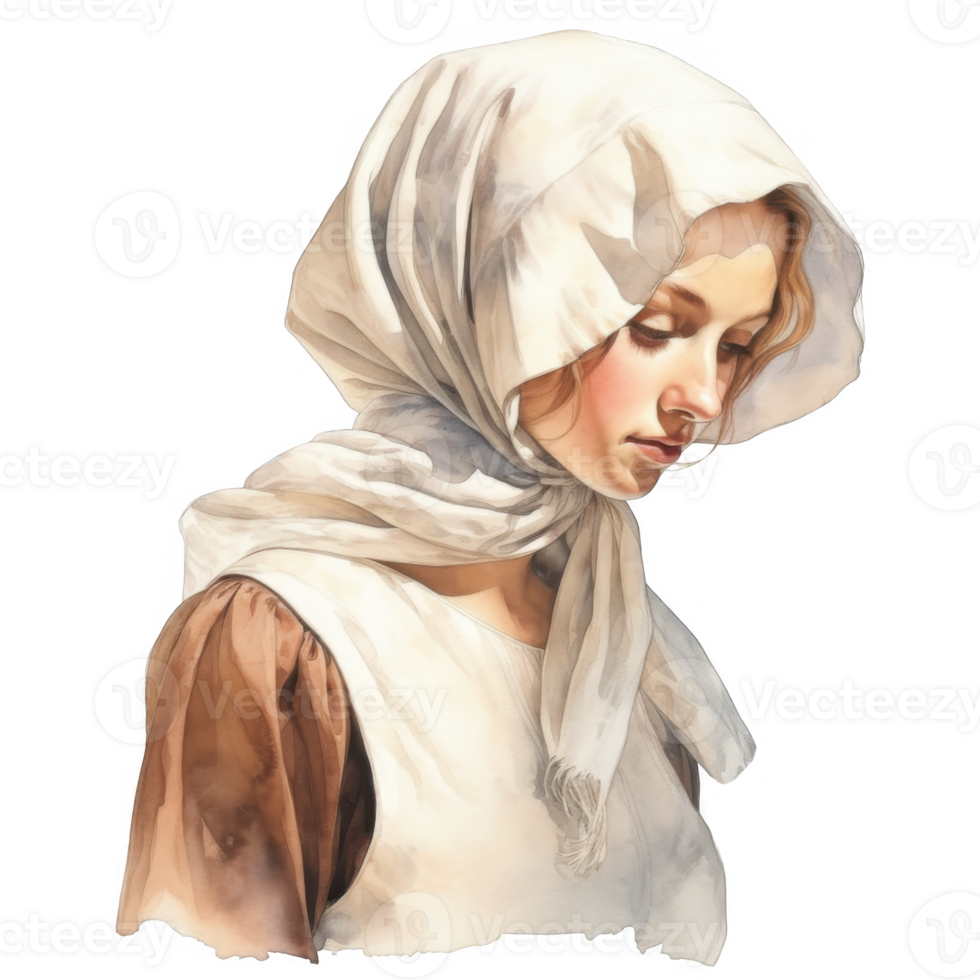 Pensive Young Woman in a White Headscarf and Brown Dress png