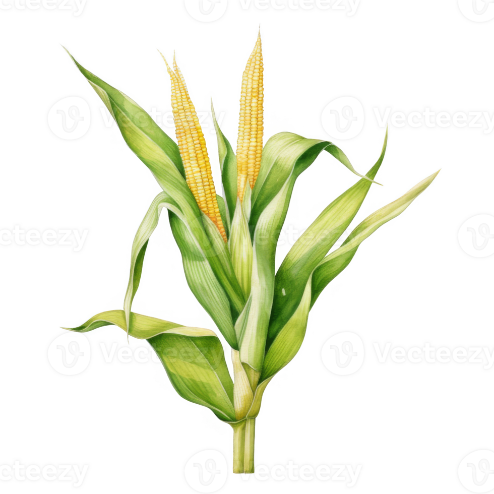 Botanical Illustration of Two Immature Ears of Corn on the Stalk png