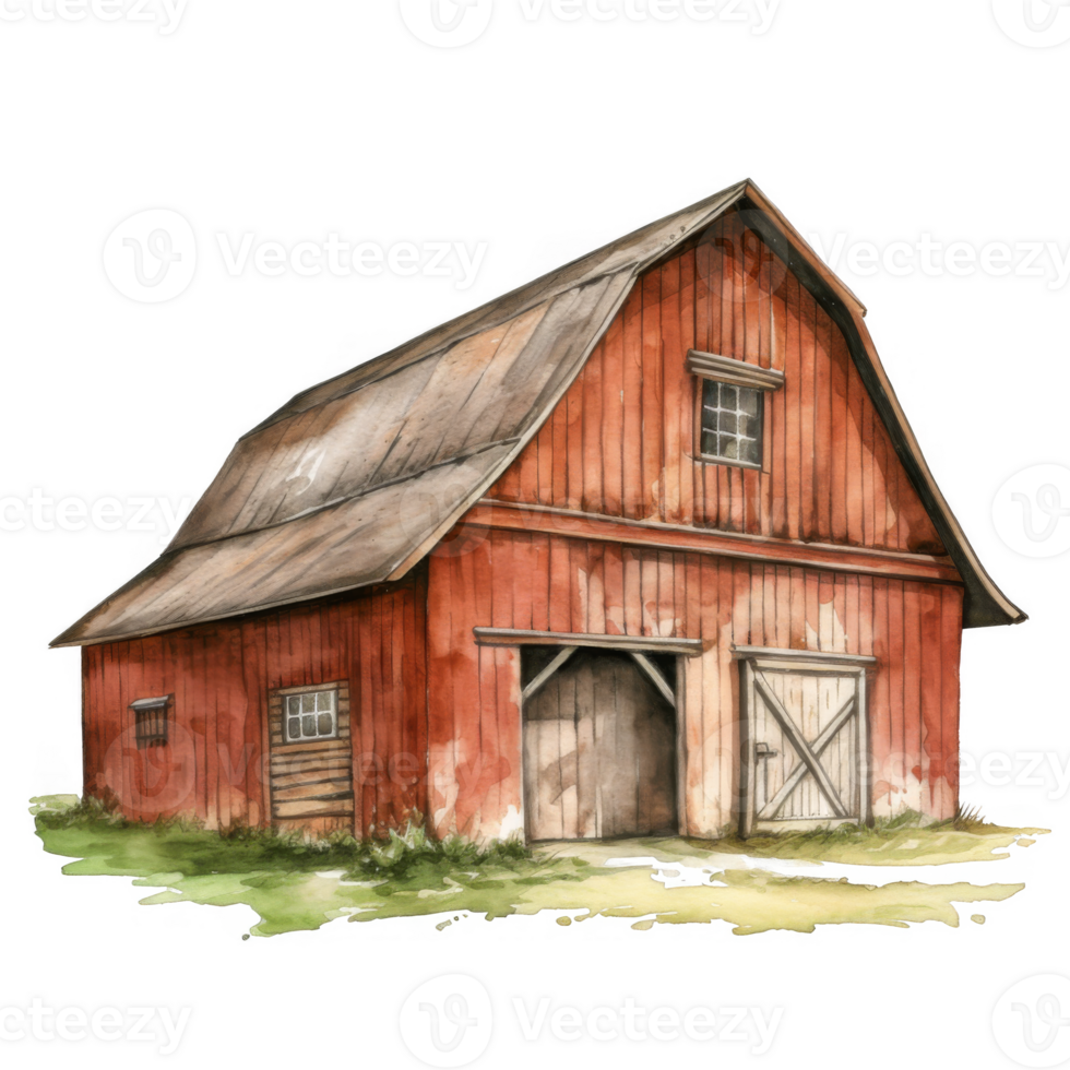Rustic Red Barn Watercolor Painting, Gabled Roof, Double Doors, Farm Setting png