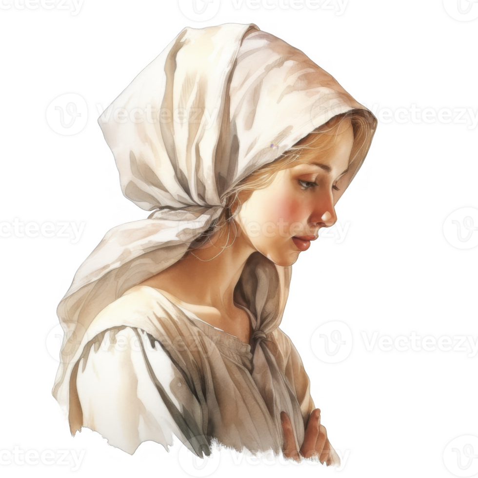 Pensive Young Woman in a Simple White Headscarf and Dress png