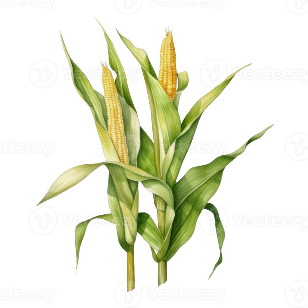 A botanical illustration of two maize plants, showcasing their stalks and ears of corn. png