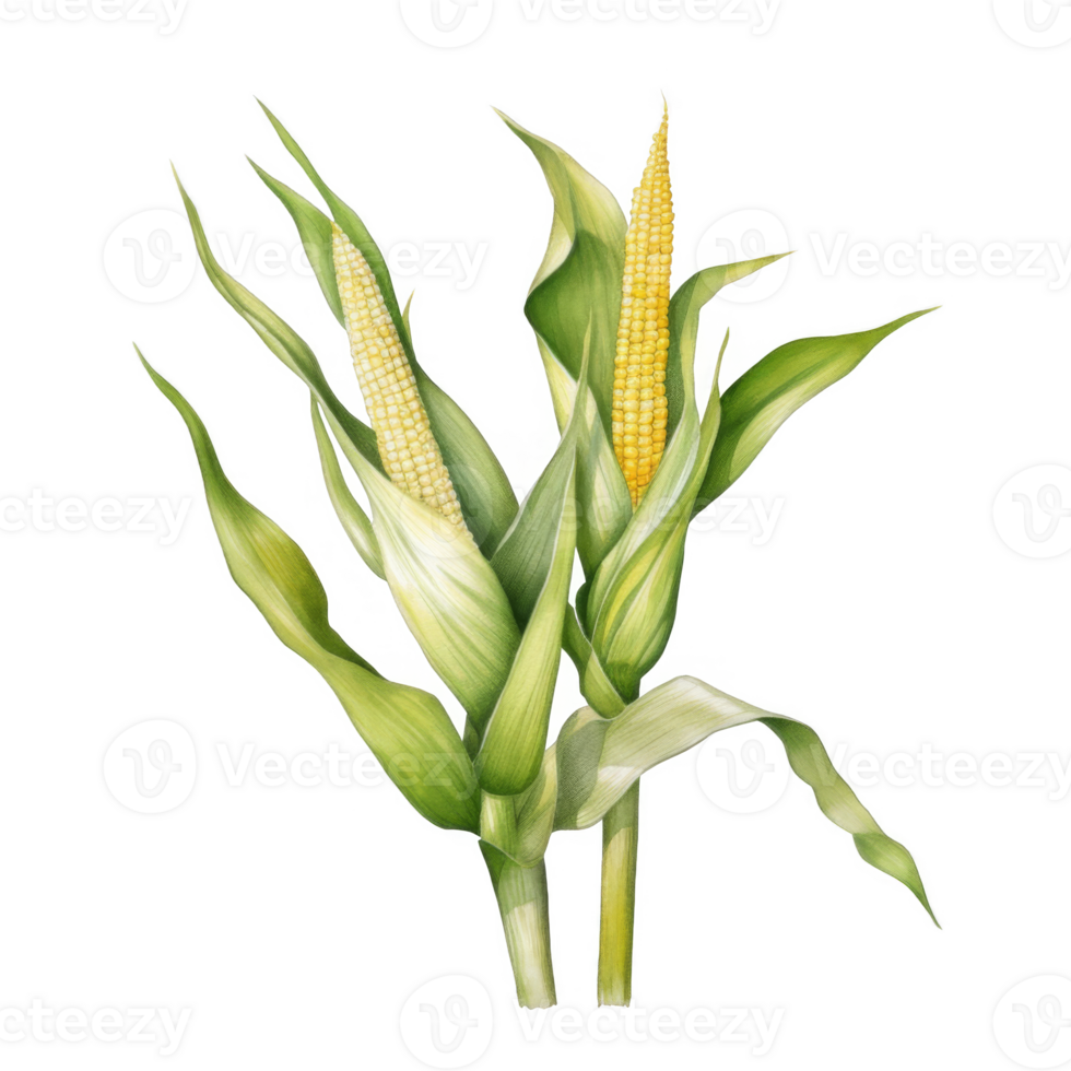 Two ears of corn, still in their husks, stand tall against a black background. png