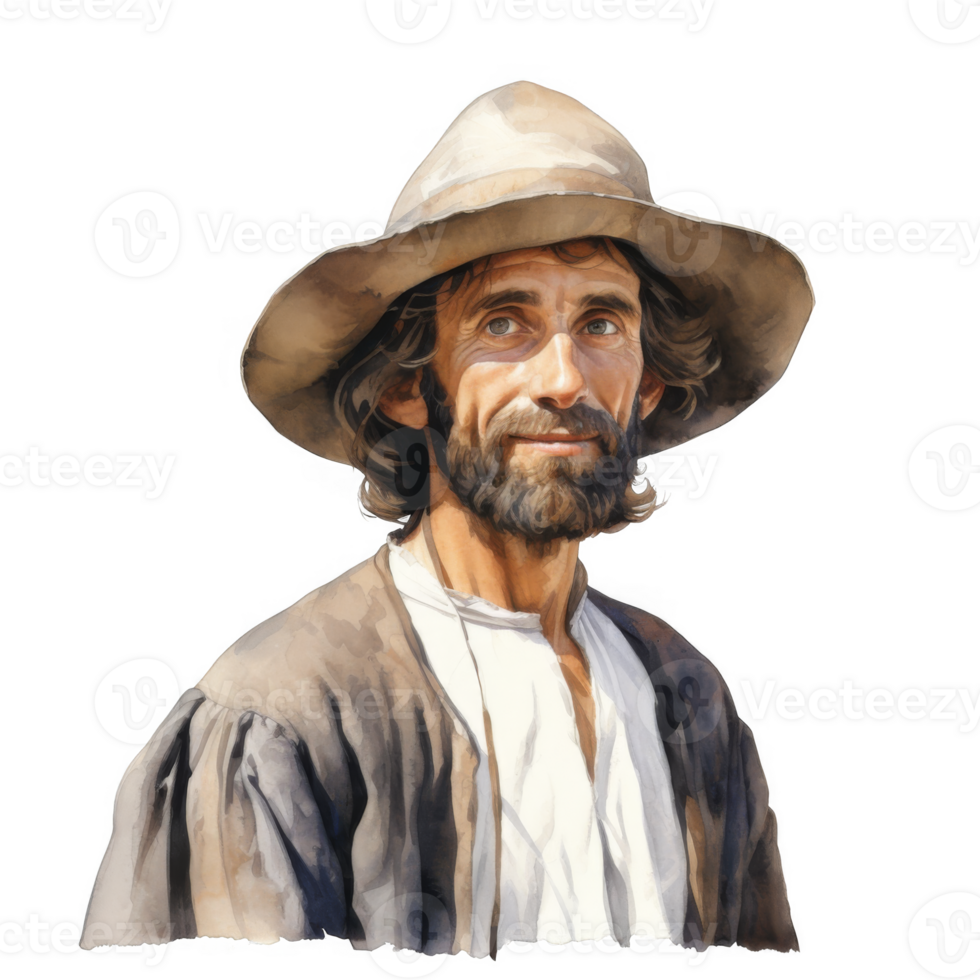 Watercolor Portrait of a Bearded Man in a Wide-Brimmed Hat png