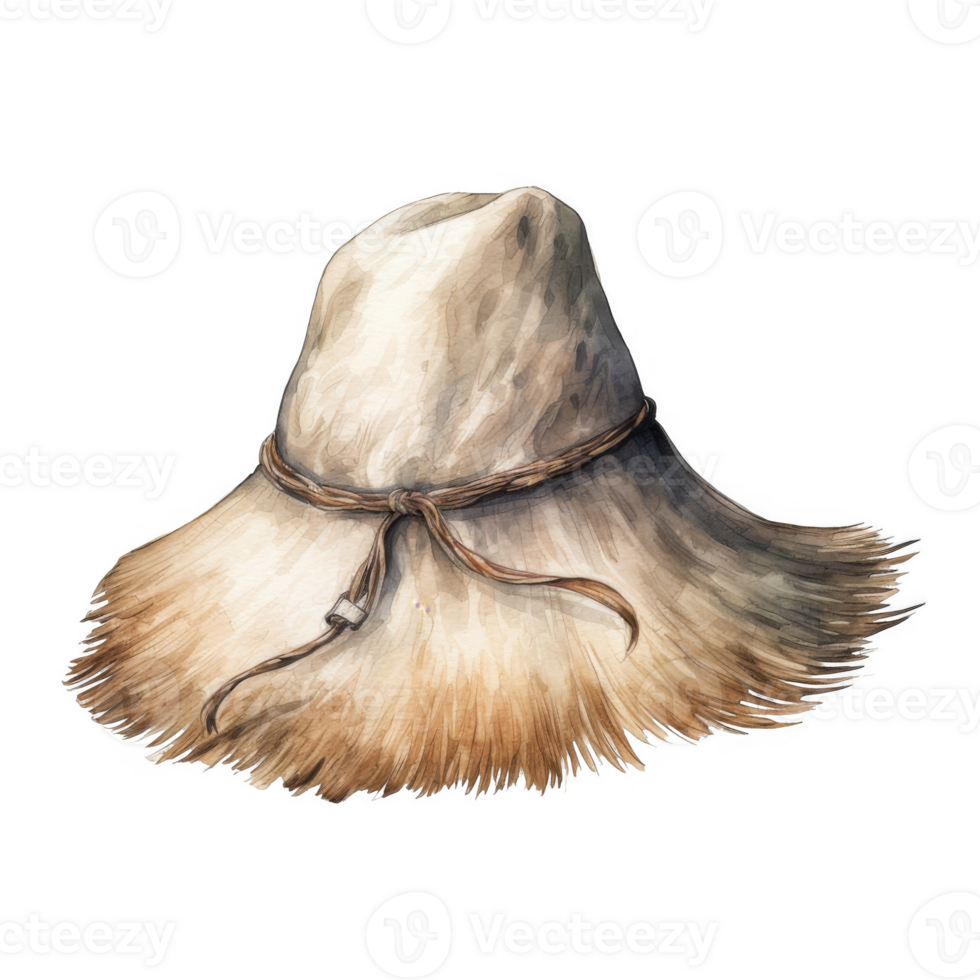 Watercolor painting of a wide-brimmed, fringed straw hat with a leather tie. png