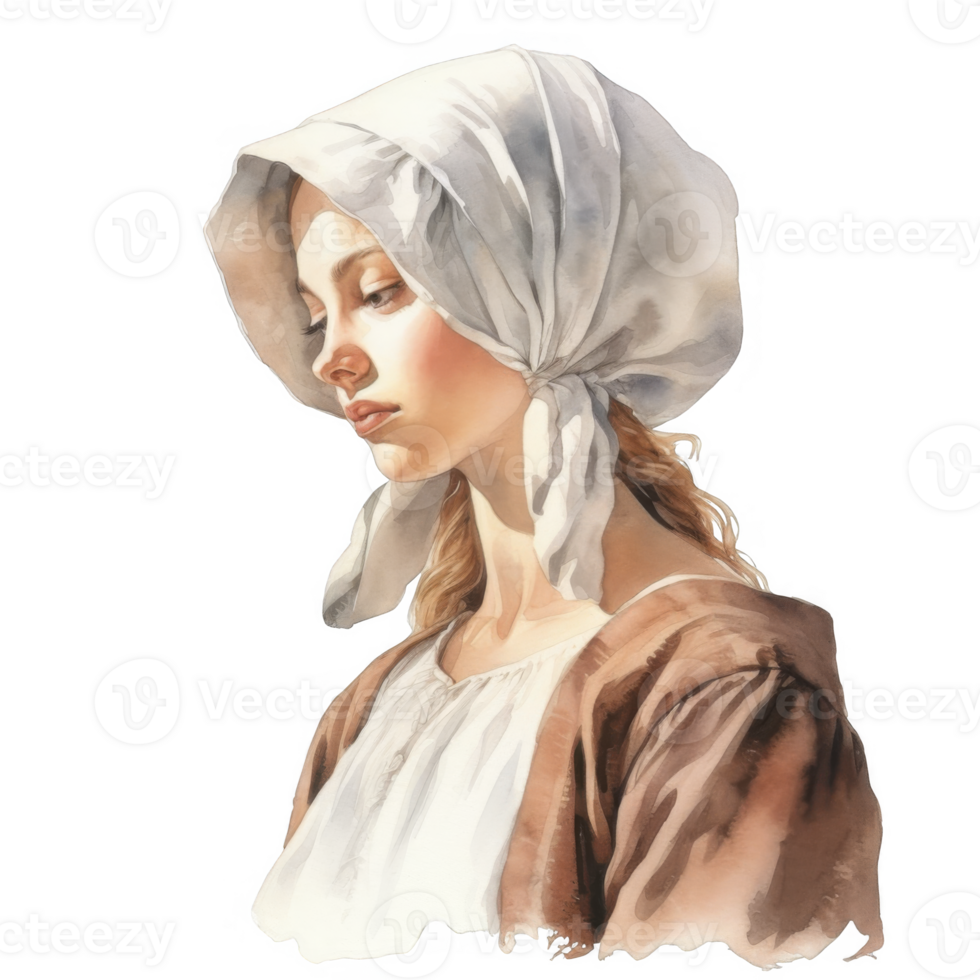Watercolor portrait of a pensive young woman in a white head covering and brown jacket. png