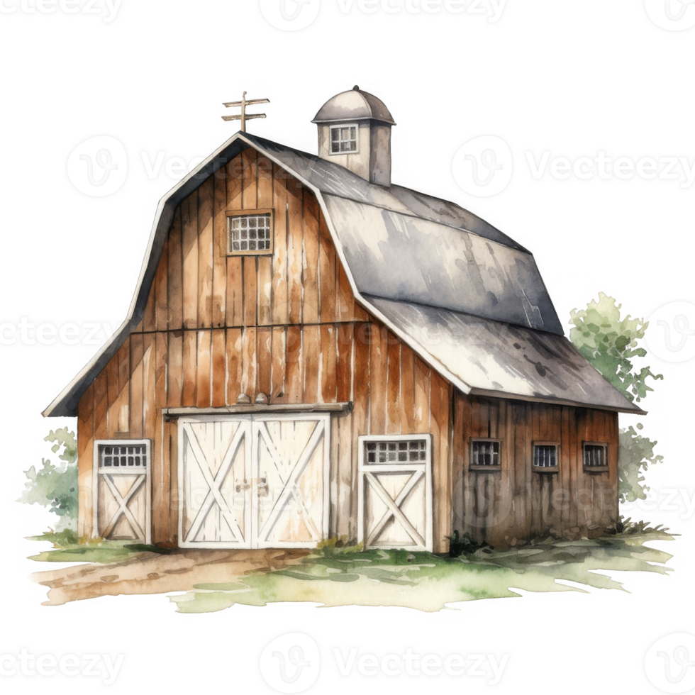 Rustic Wooden Gambrel Barn with Cupola, Watercolor Painting png