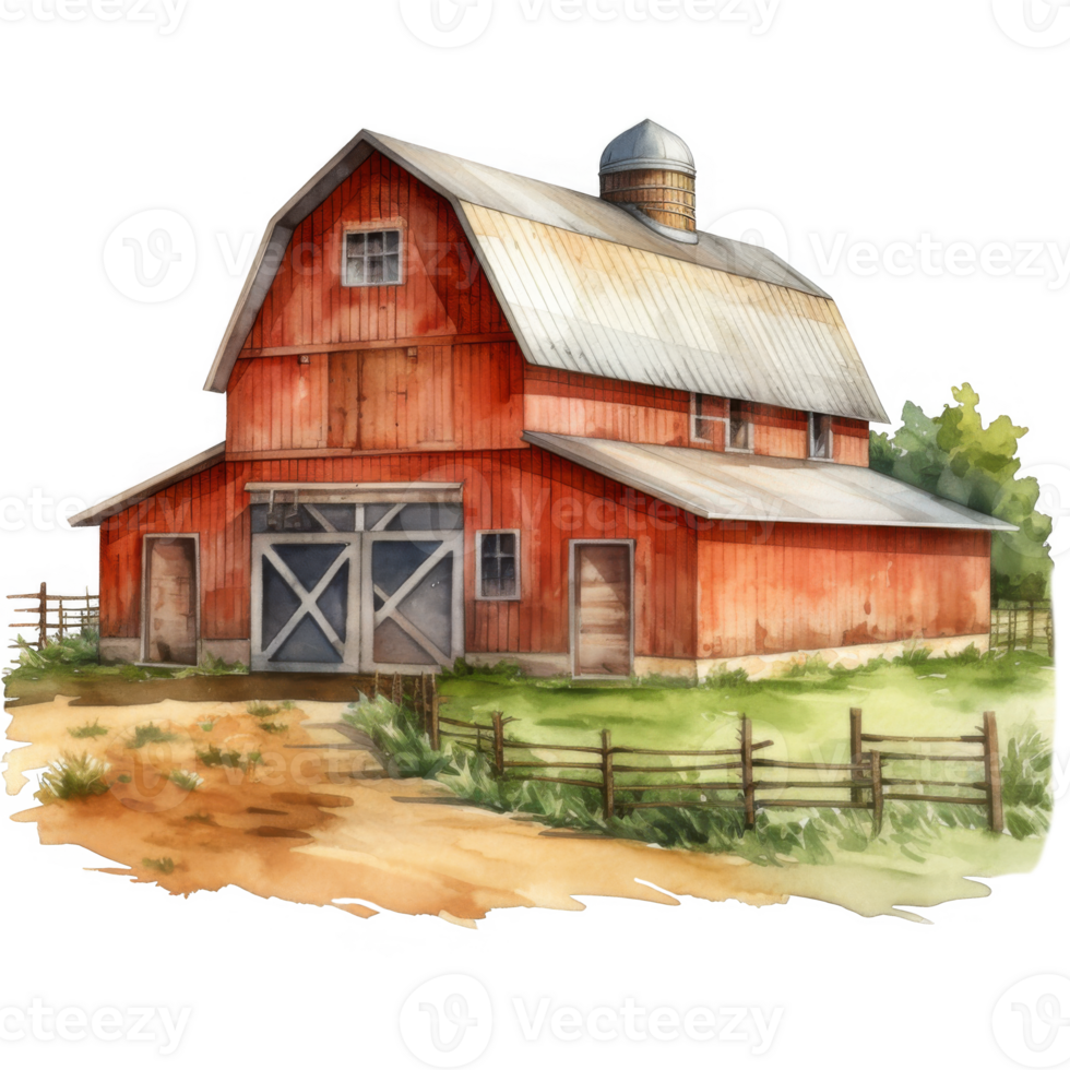 Rustic Red Barn with Gable Roof, Silo, and Wooden Fence in a Pastoral Setting png