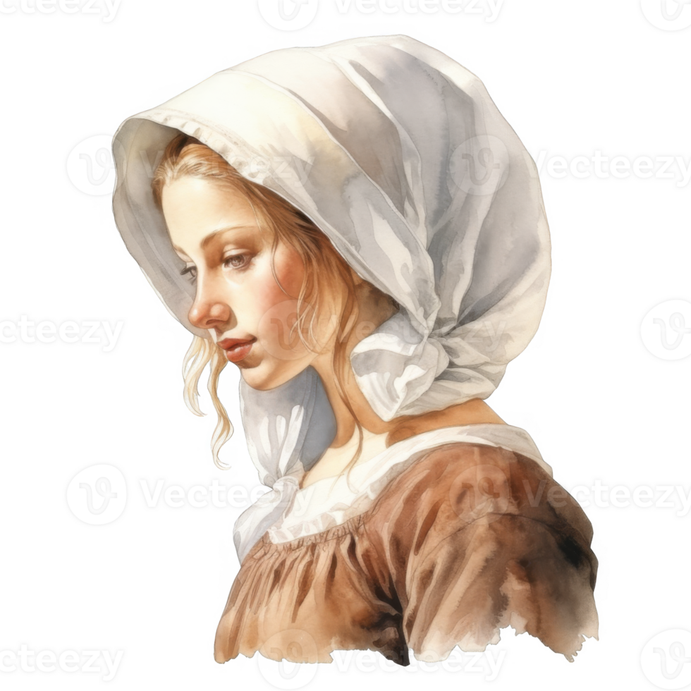 Pensive Young Woman in a White Bonnet and Brown Dress png