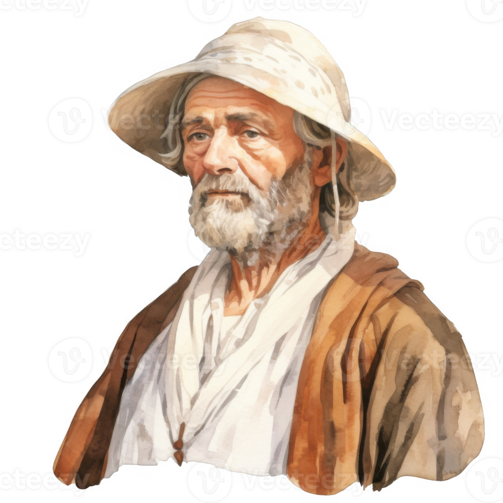 Watercolor Portrait of an Elderly Man in a Wide-Brimmed Hat and Robe png