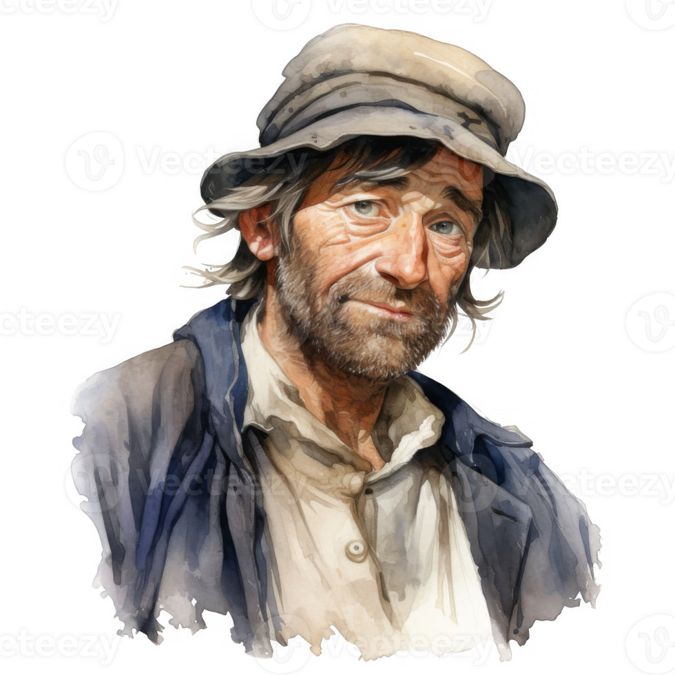 Watercolor Portrait of an Elderly Man with a Weathered Face and Soft Gaze png