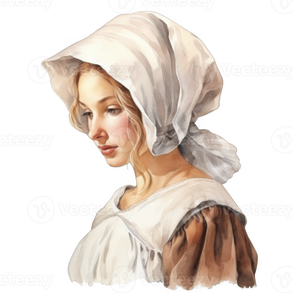 Pensive Young Woman in a White Bonnet and Simple Dress png