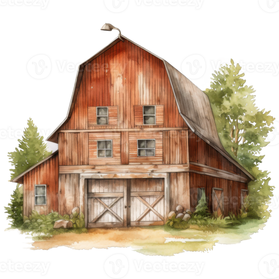 Rustic Red Barn with Wooden Doors and Weathered Exterior png