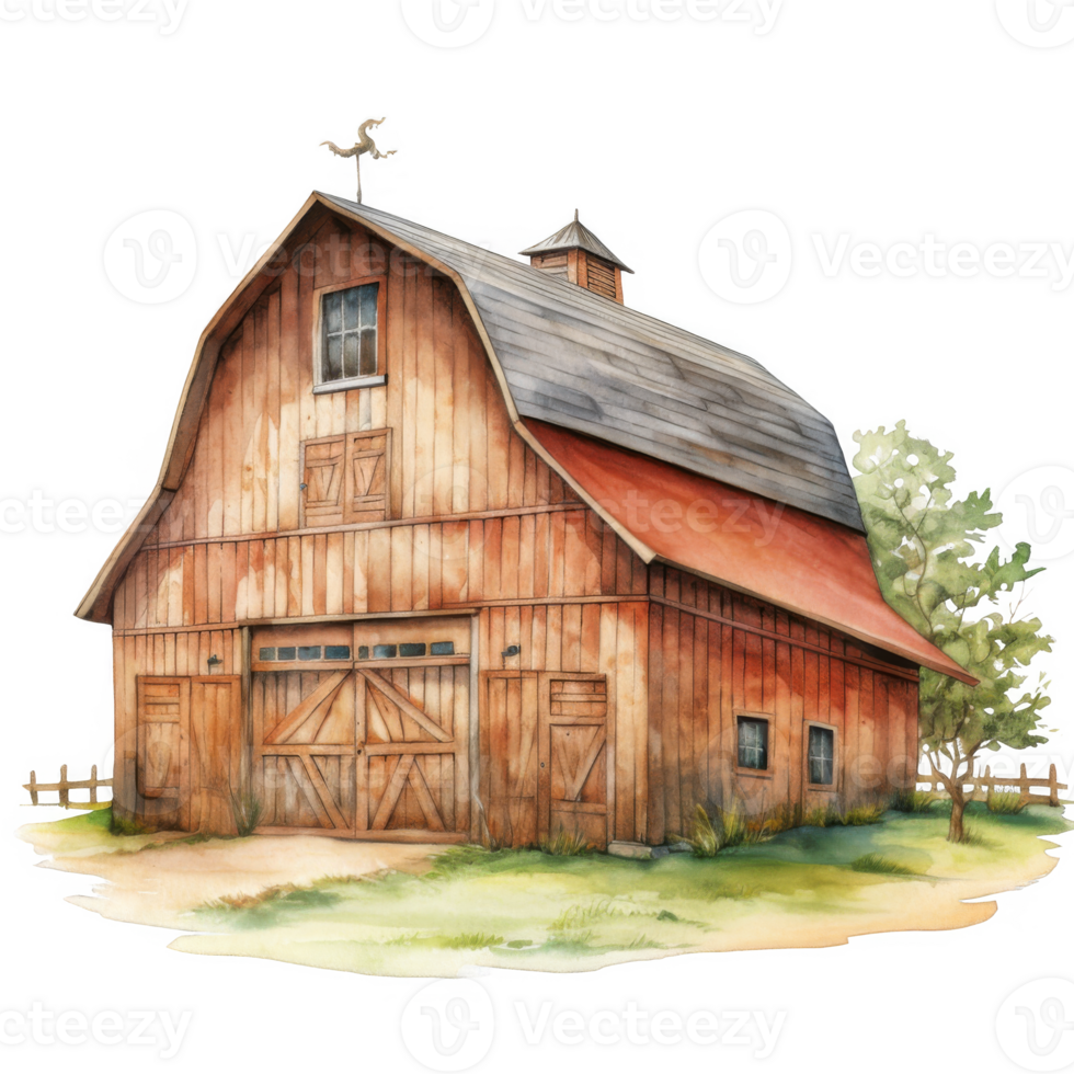Rustic Wooden Barn with Gable Roof, Weathered Wood, and Small Weeping Tree png