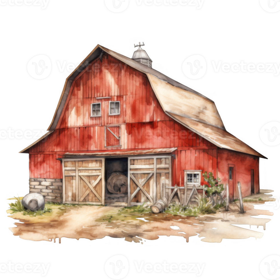 Rustic Red Barn with Wooden Doors and Weathered Exterior png