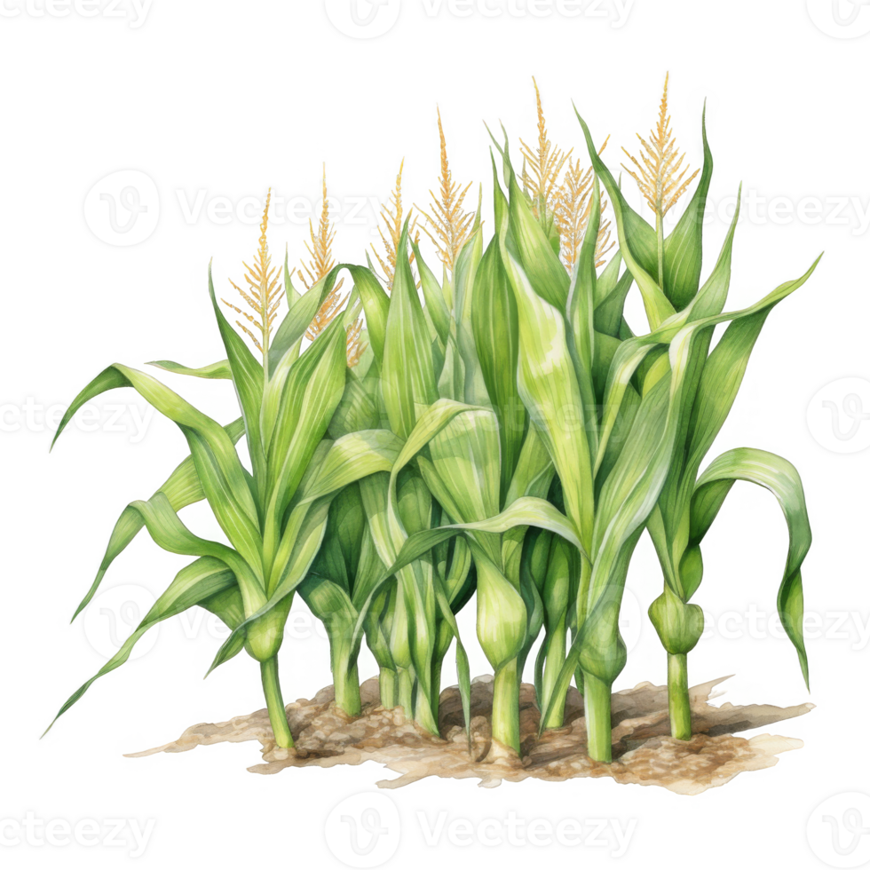 A watercolor painting of several young maize plants growing in soil. png