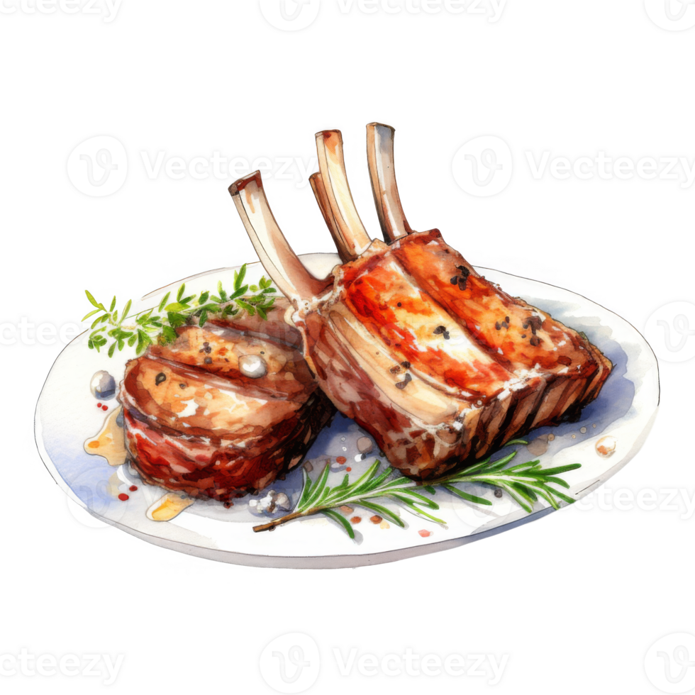 Grilled Lamb Chops with Rosemary and Thyme on a White Plate png