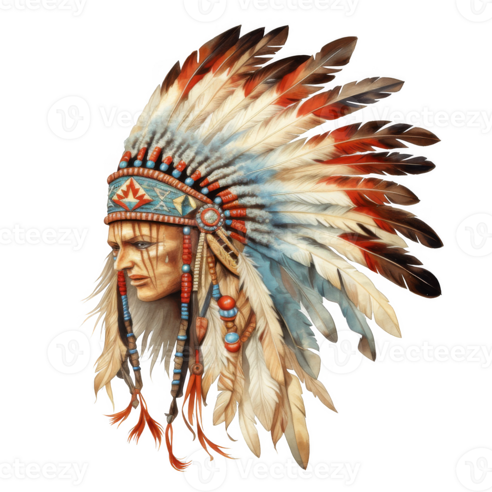 Profile Portrait of Native American in Traditional Headdress png