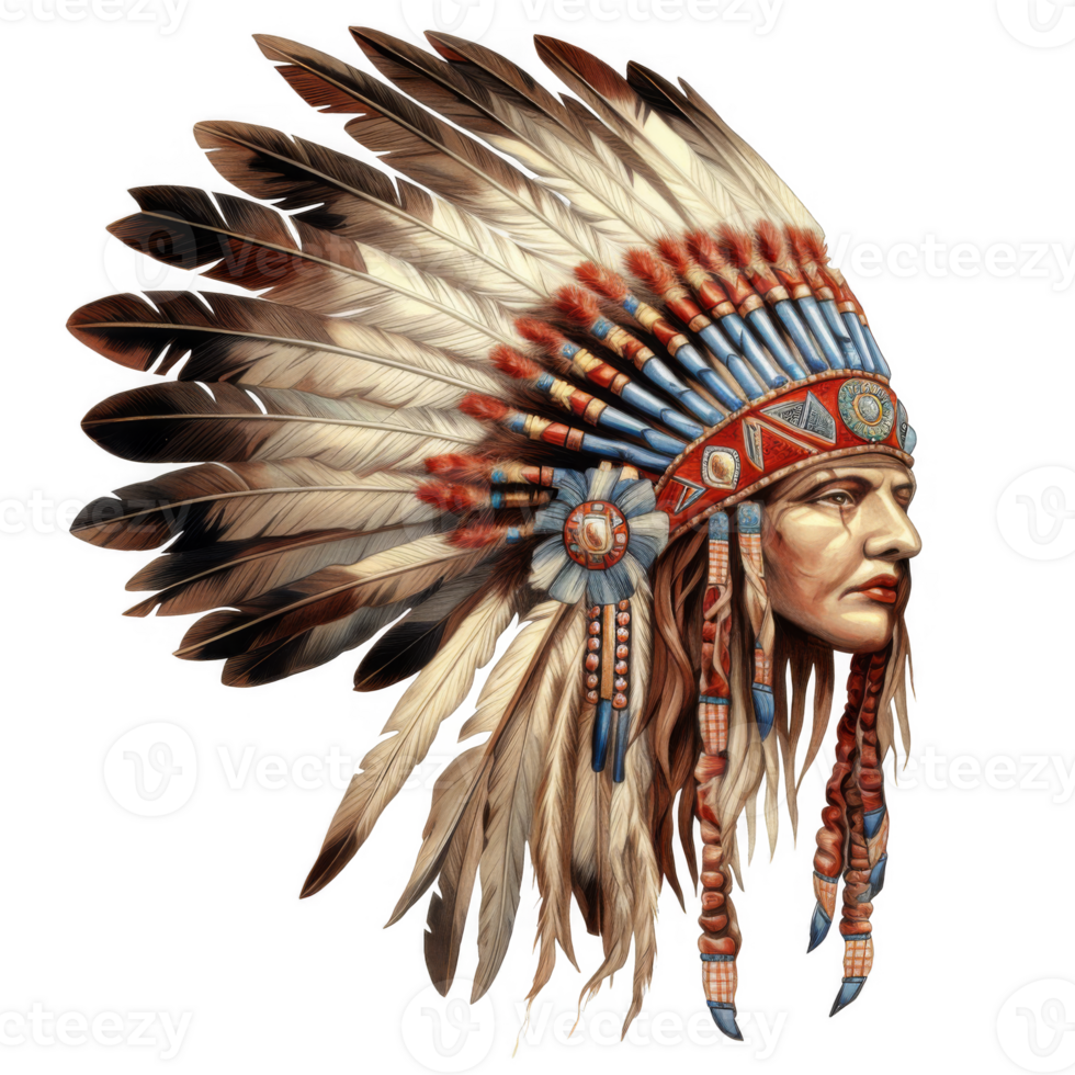 Profile Portrait of Native American in Traditional Headdress png