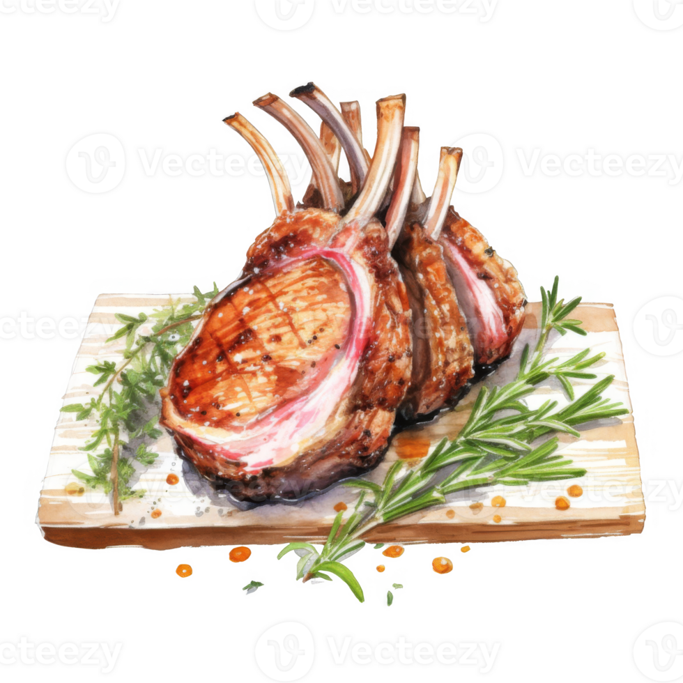 Grilled lamb chops with rosemary and thyme on a wooden board. png
