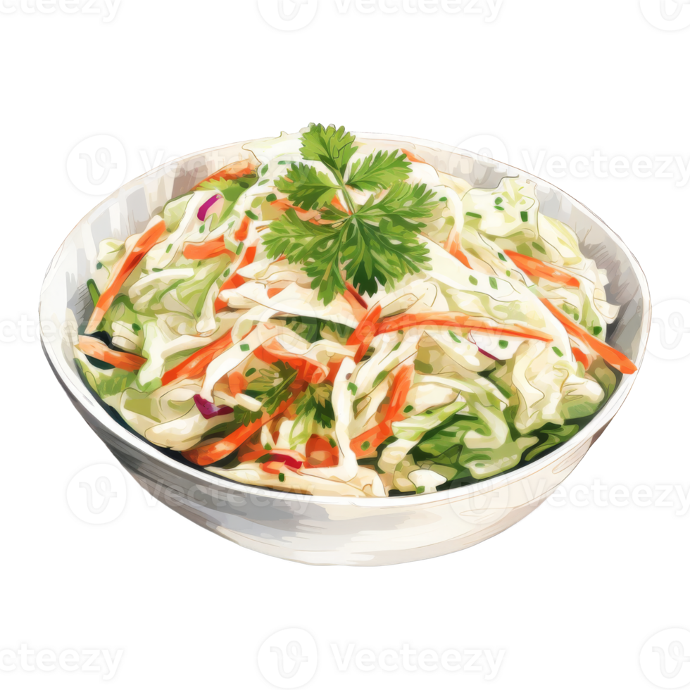 Fresh Coleslaw Salad in a White Bowl, Garnished with Cilantro png