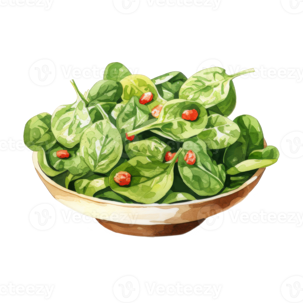 Watercolor Painting of a Bowl of Spinach Salad with Pomegranate Seeds png