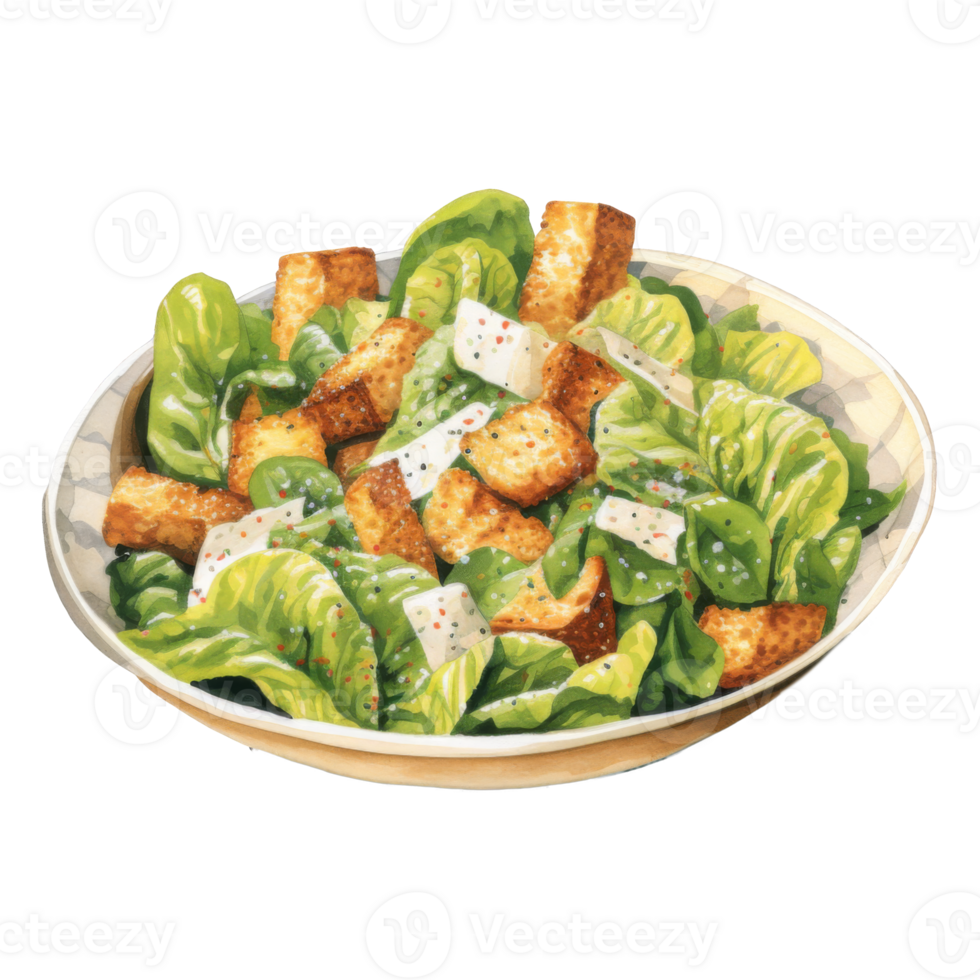 A vibrant watercolor painting of a Caesar salad in a bowl, featuring croutons and lettuce. png