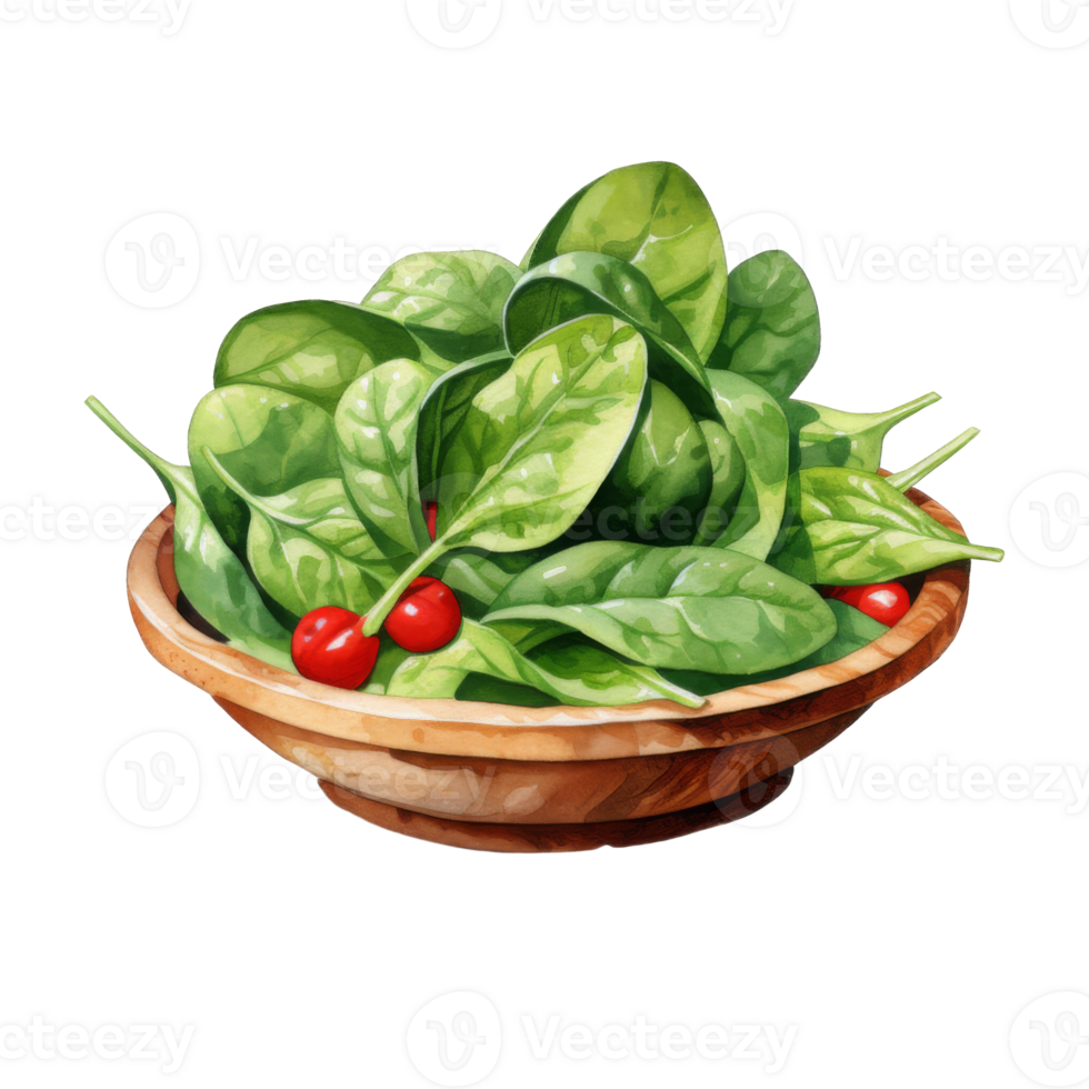 Fresh Spinach Salad with Red Berries in Wooden Bowl png