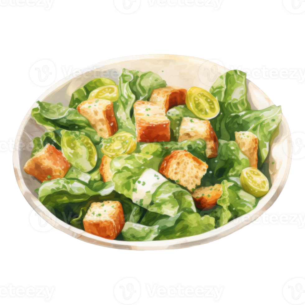 A vibrant watercolor painting of a fresh garden salad with croutons and cherry tomatoes. png