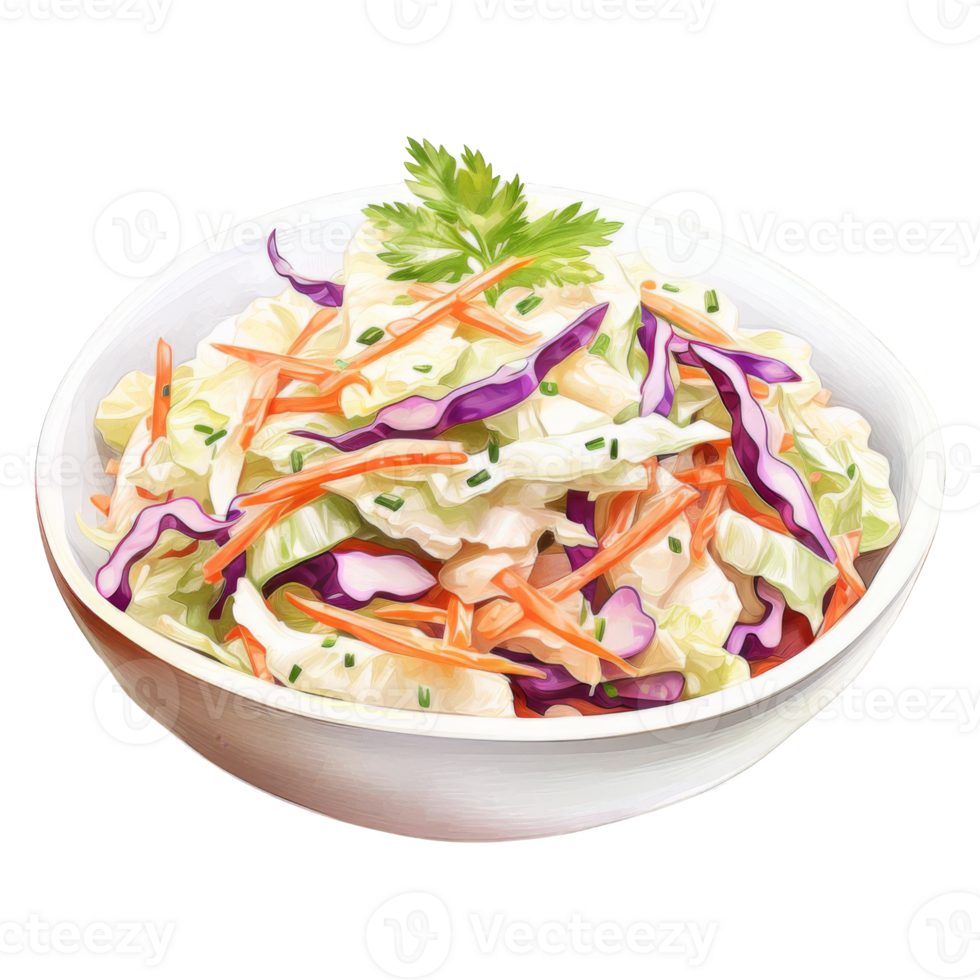 A vibrant coleslaw salad in a white bowl, garnished with parsley. png