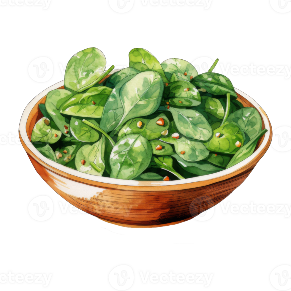 A wooden bowl brimming with fresh, vibrant spinach leaves, possibly seasoned. png