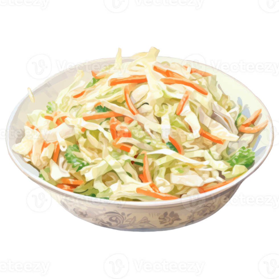 A bowl of fresh coleslaw with shredded cabbage and carrots. png