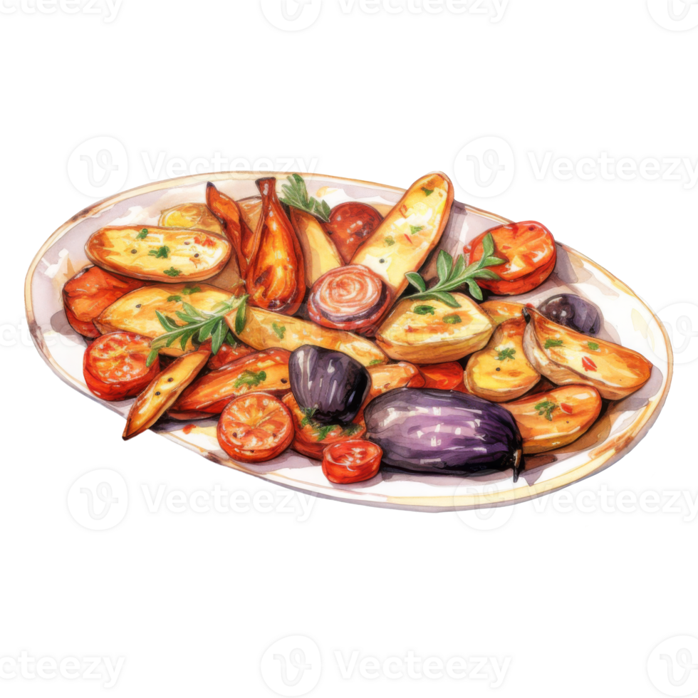 Roasted Root Vegetables and Tomatoes on a White Platter png