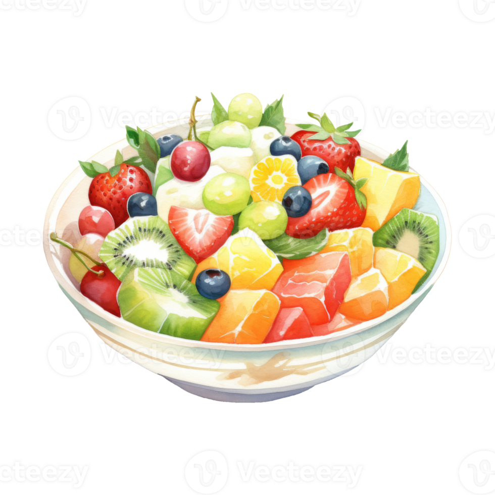 A watercolor painting of a vibrant and colorful fruit salad in a bowl. png