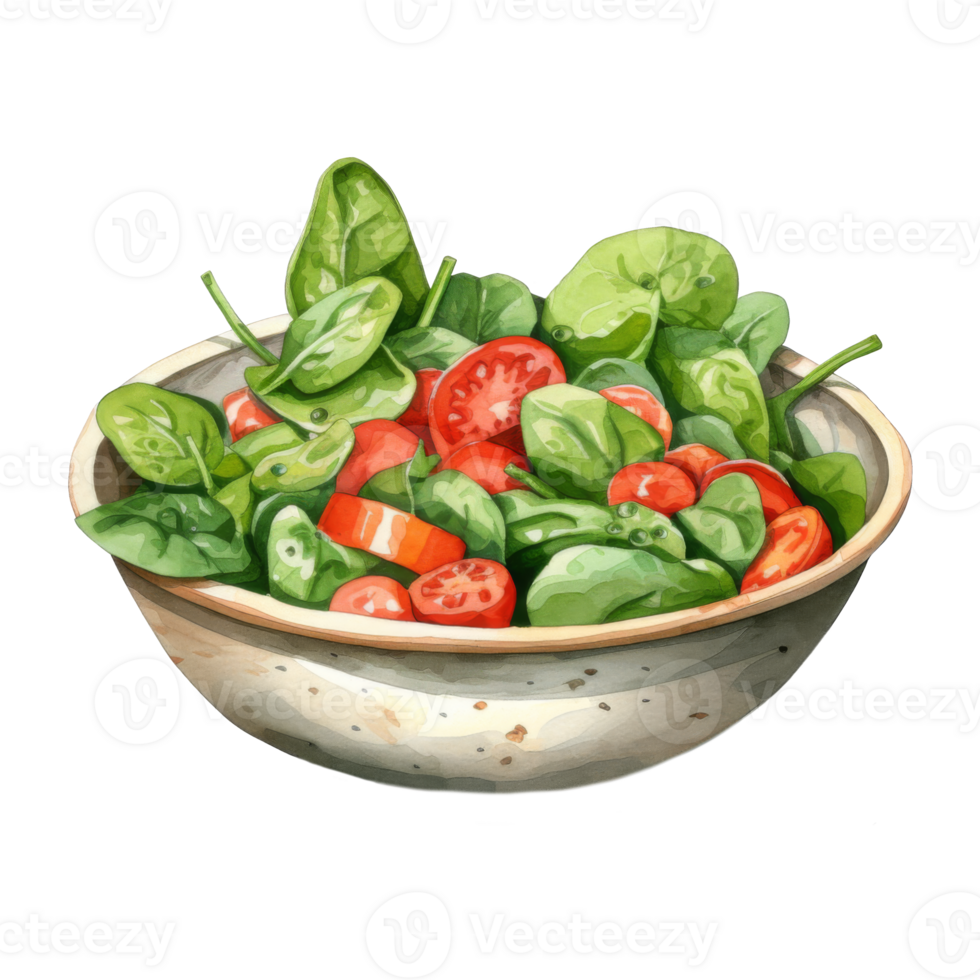 Watercolor Painting of a Fresh Spinach and Tomato Salad in a Bowl png