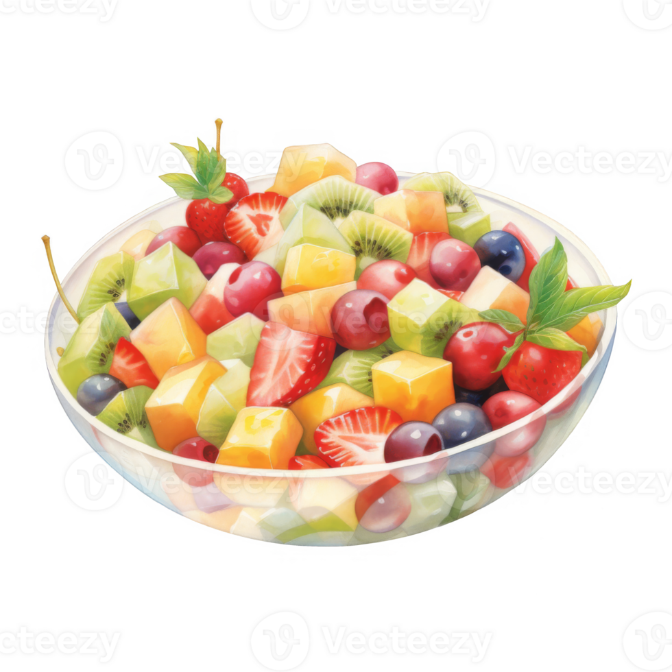 A vibrant fruit salad featuring strawberries, kiwi, and mango in a glass bowl. png