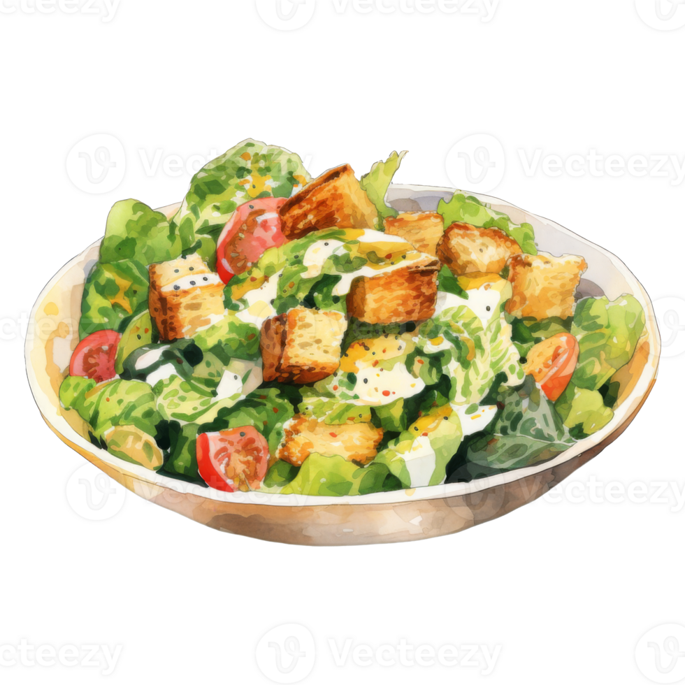 Watercolor Painting of a Fresh and Appetising Caesar Salad in a Bowl png