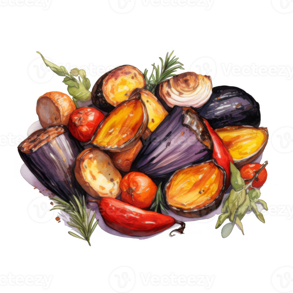 Watercolor Painting of Roasted Vegetables Potatoes, Eggplants, Peppers, and Onions png