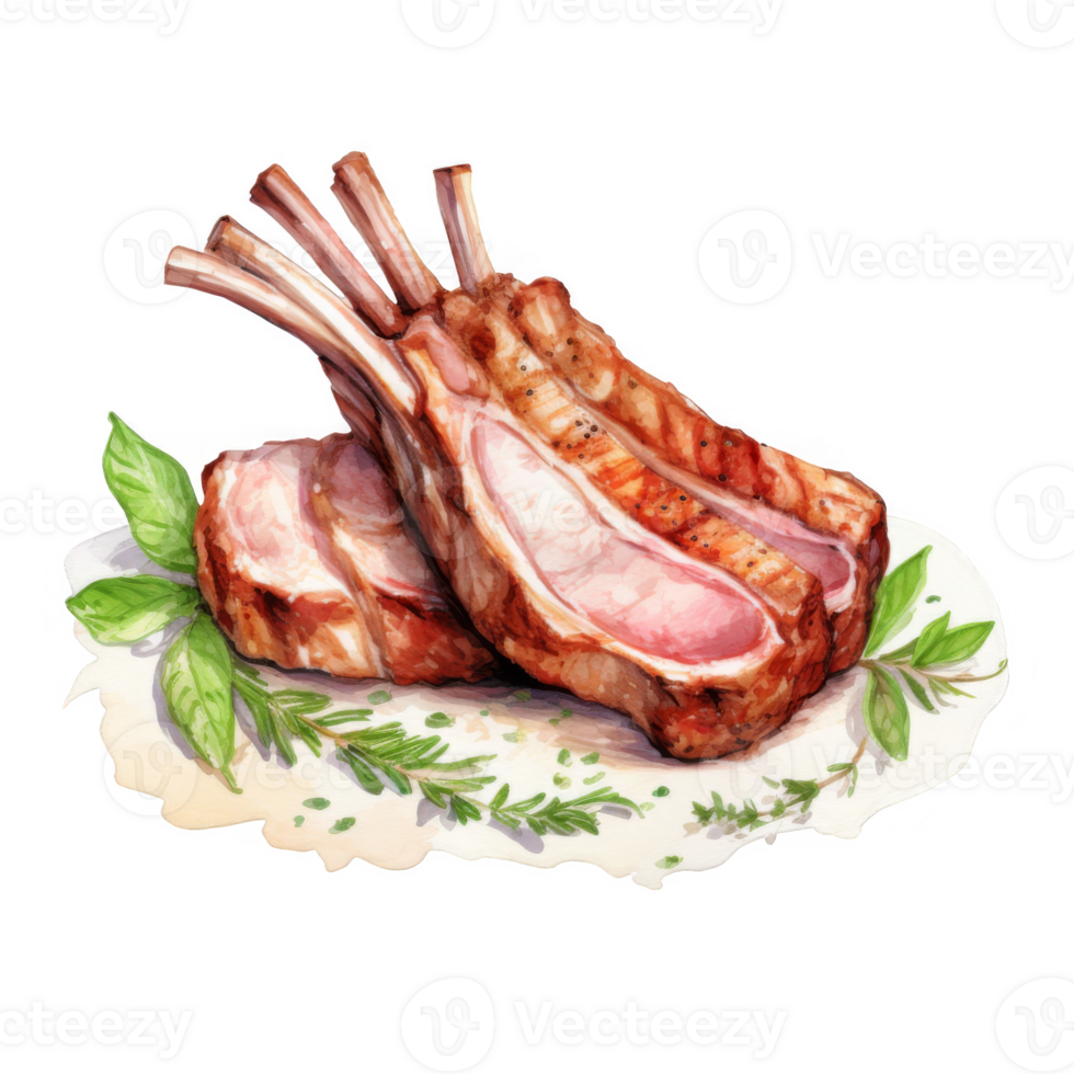 Roasted Lamb Chops with Herbs on a Plate, Watercolor Style png