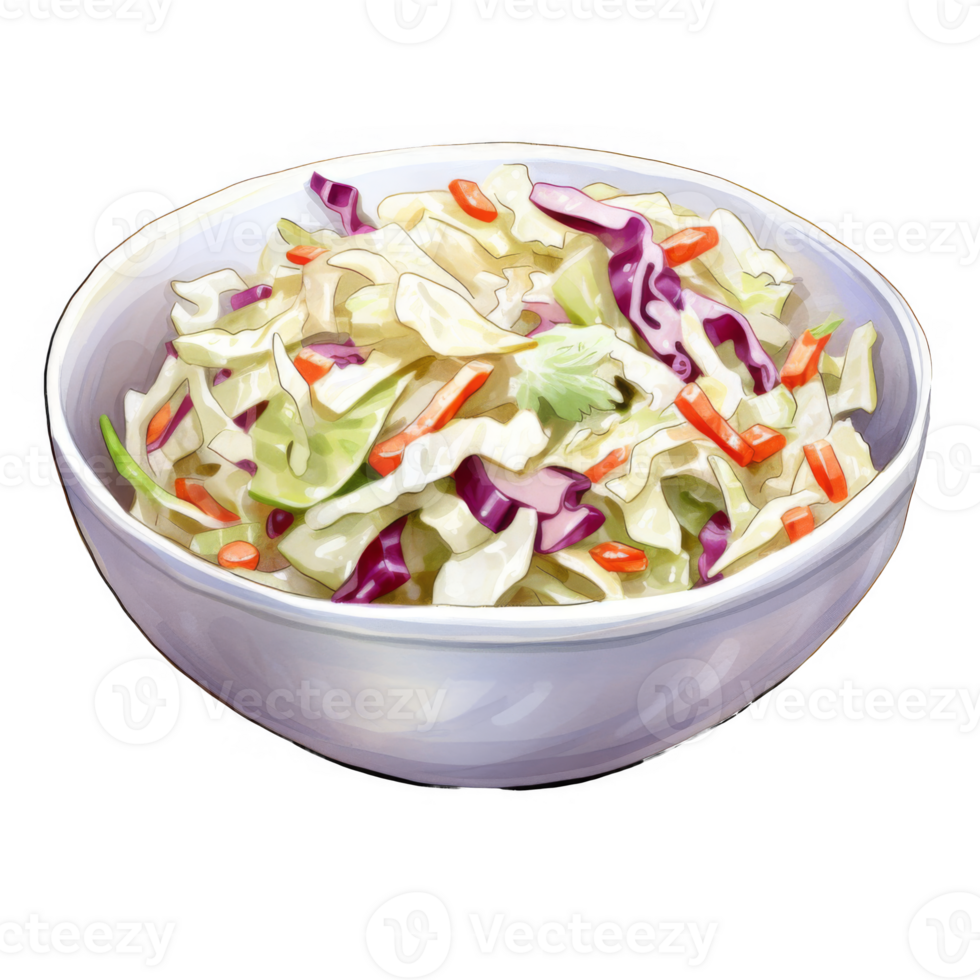 Bowl of vibrant coleslaw with shredded cabbage, carrots, and red cabbage. png