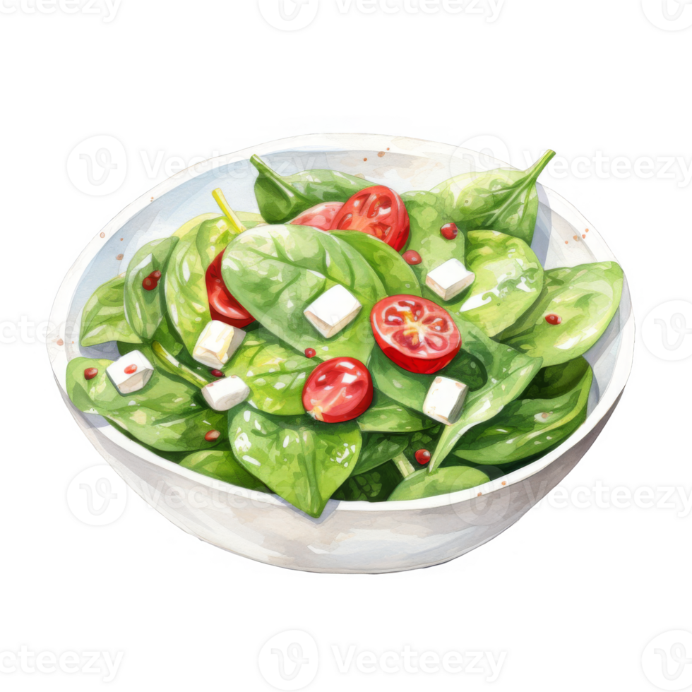 Watercolor Painting of a Spinach Salad with Cherry Tomatoes and Feta Cheese png