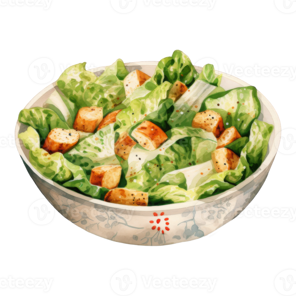A Watercolor Painting of a Bowl of Caesar Salad with Croutons png