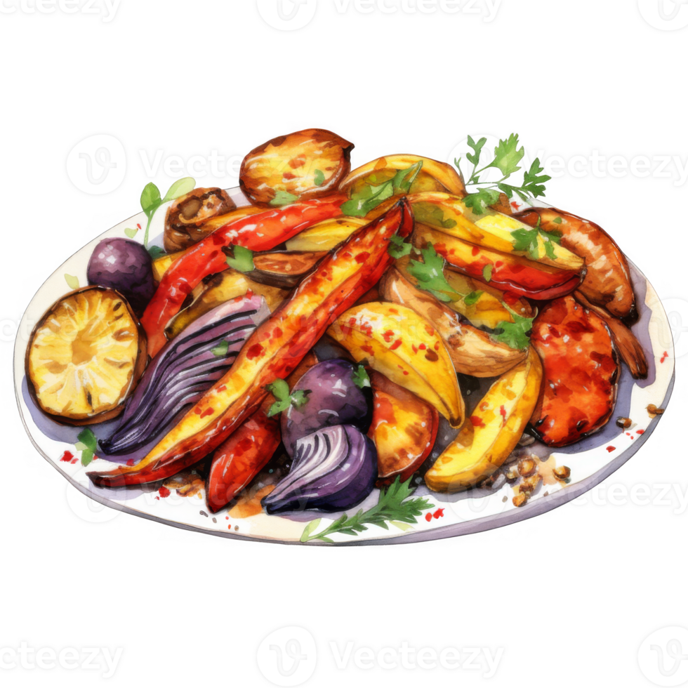 Watercolor Painting of Roasted Vegetables on a White Plate png