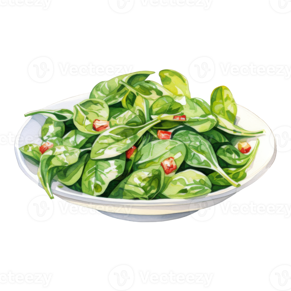 Watercolor Painting of a Fresh Spinach Salad with Red Pepper Pieces png