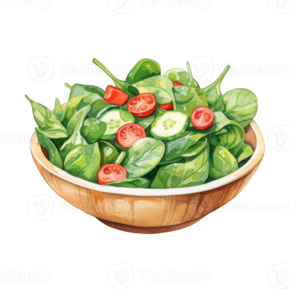 Fresh Spinach Salad with Cherry Tomatoes and Cucumber in Wooden Bowl png