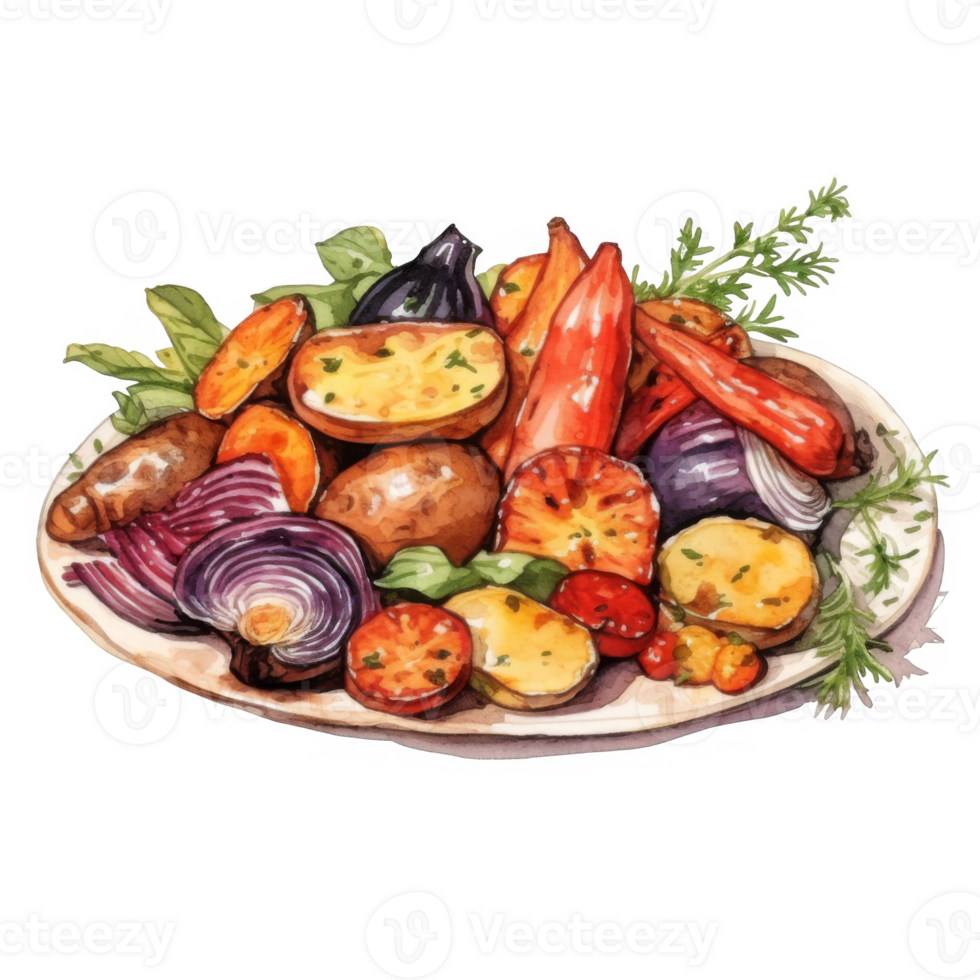 Watercolor Painting of Roasted Vegetables on a Plate with Herbs png